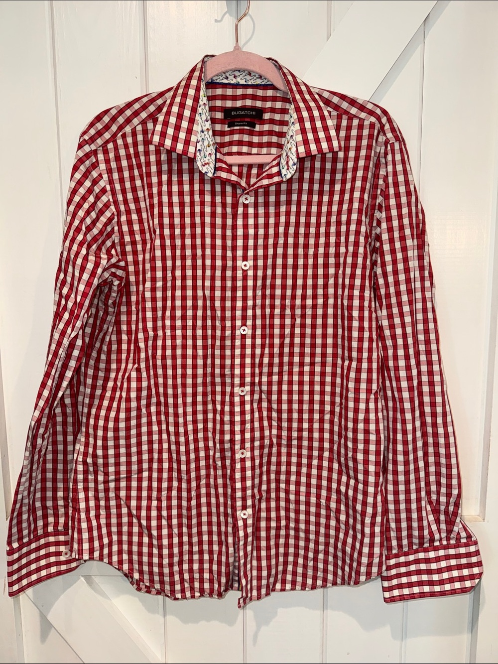 Bugatchi Shaped Fit Men’s Medium Red Gingham Button Down Shirt Flamingo Trim